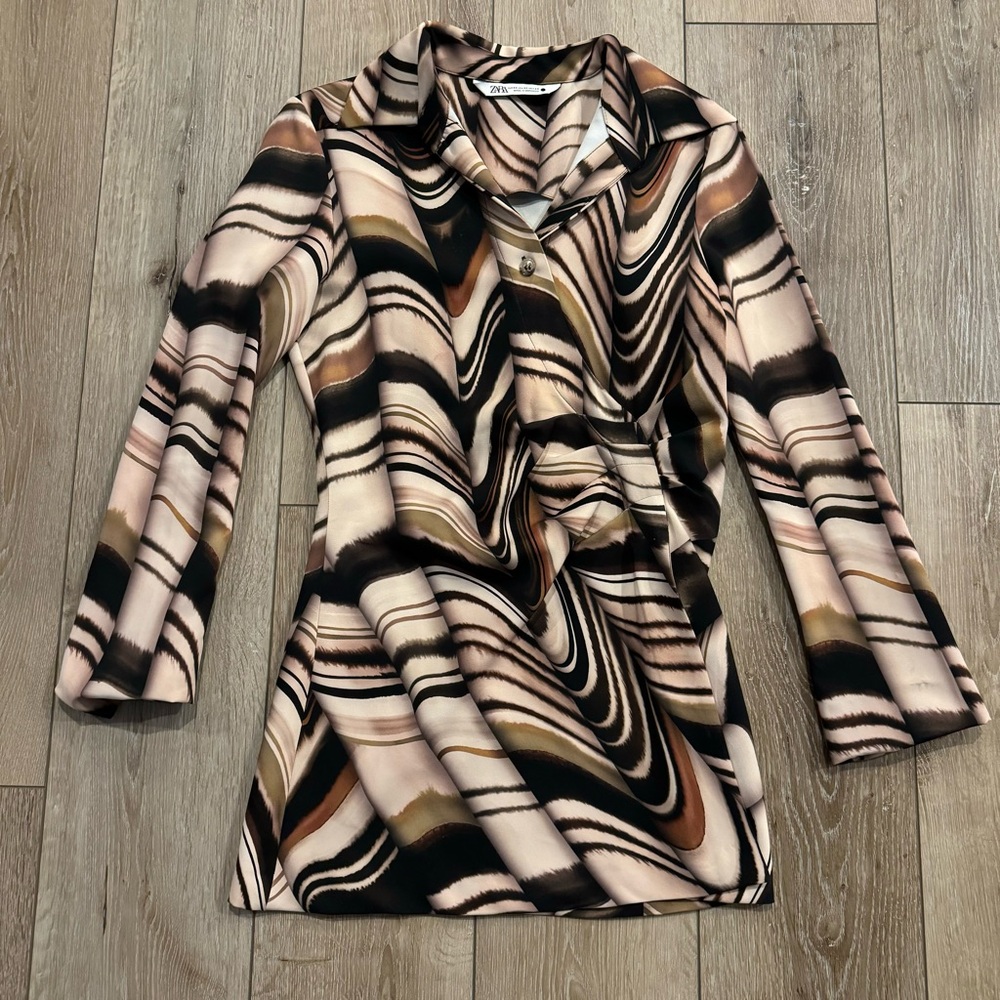 Zara Chic Swirl Pattern Long Sleeve Top Business Casual Fall Top Blouse XS